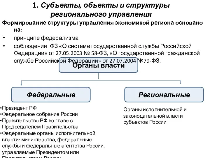 1. Субъекты, объекты и структуры регионального управления Формирование структуры управления экономикой