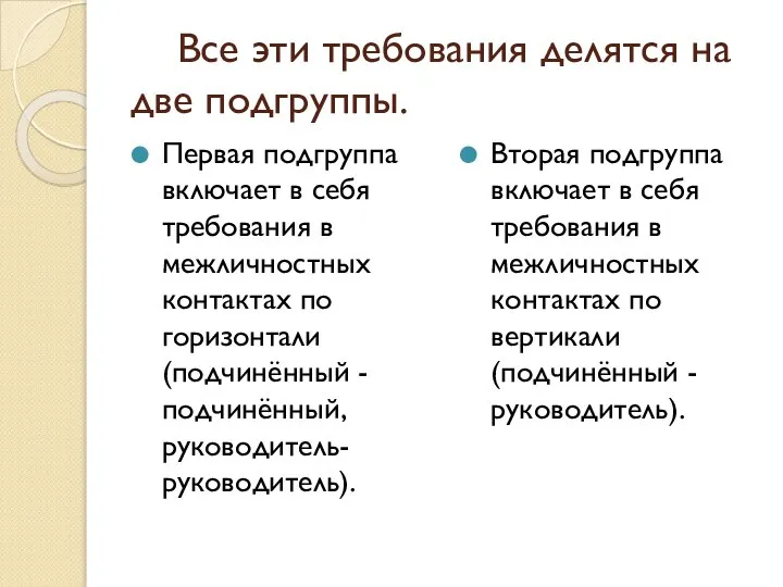 Все эти требования делятся на две подгруппы. Первая подгруппа включает в