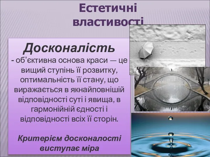 Естетичні властивості Досконалість - об'єктивна основа краси — це вищий ступінь