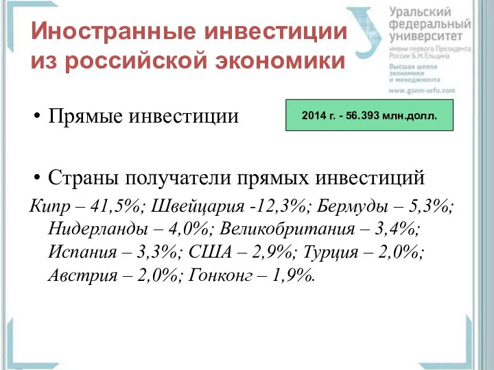 Иностранные инвестиции из российской экономики Прямые инвестиции Страны получатели прямых инвестиций