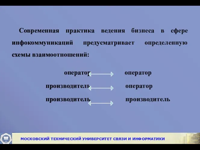 Современная практика ведения бизнеса в сфере инфокоммуникаций предусматривает определенную схемы взаимоотношений: