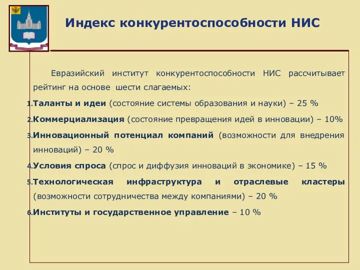 Индекс конкурентоспособности НИС Евразийский институт конкурентоспособности НИС рассчитывает рейтинг на основе
