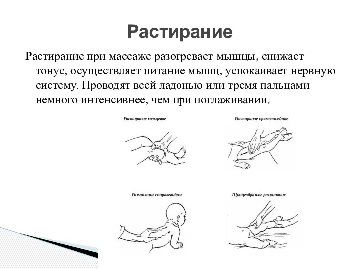 Растирание при массаже разогревает мышцы, снижает тонус, осуществляет питание мышц, успокаивает