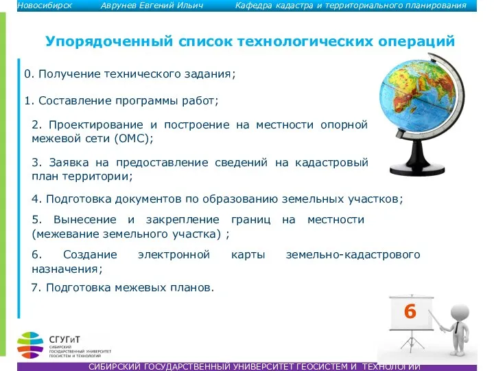 Упорядоченный список технологических операций СИБИРСКИЙ ГОСУДАРСТВЕННЫЙ УНИВЕРСИТЕТ ГЕОСИСТЕМ И ТЕХНОЛОГИЙ Новосибирск