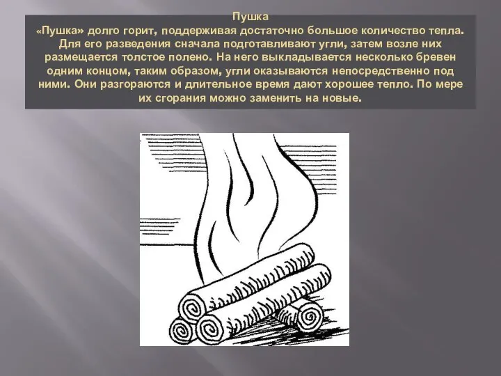 Пушка «Пушка» долго горит, поддерживая достаточно большое количество тепла. Для его