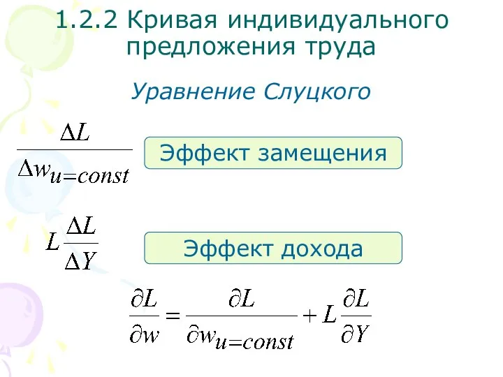 Эффект замещения Эффект дохода 1.2.2 Кривая индивидуального предложения труда Уравнение Слуцкого