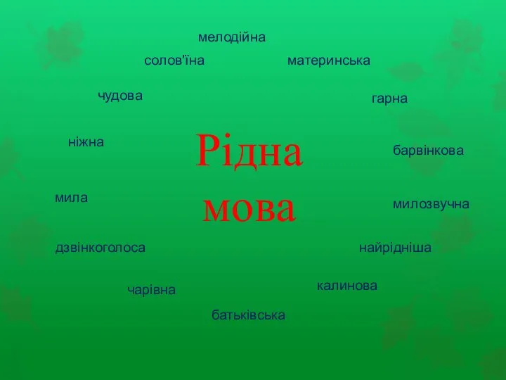 Рідна мова солов'їна мелодійна гарна барвінкова милозвучна найрідніша чарівна батьківська дзвінкоголоса мила ніжна чудова материнська калинова