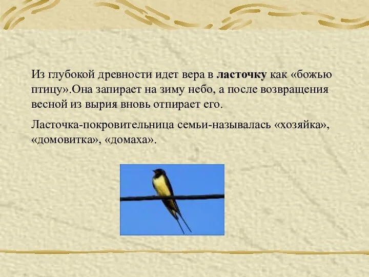 Из глубокой древности идет вера в ласточку как «божью птицу».Она запирает