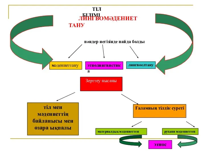 этнолингвистика мәдениеттану лингвоелтану Зерттеу нысаны тіл мен мәдениеттің байланысы мен өзара