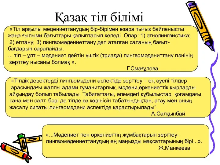 Қазақ тіл білімі «Тіл арқылы мәдениеттанудың бір-бірімен өзара тығыз байланысты жаңа