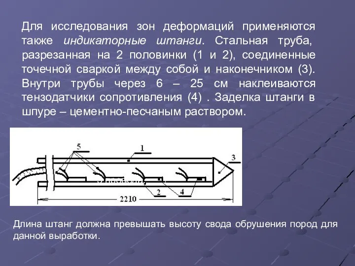 Для исследования зон деформаций применяются также индикаторные штанги. Стальная труба, разрезанная