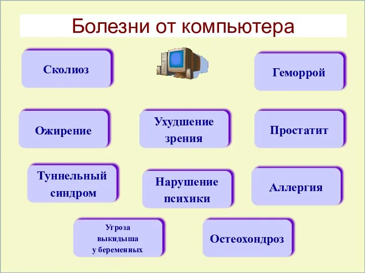 Болезни от компьютера Геморрой Простатит Аллергия Туннельный синдром Сколиоз Угроза выкидыша