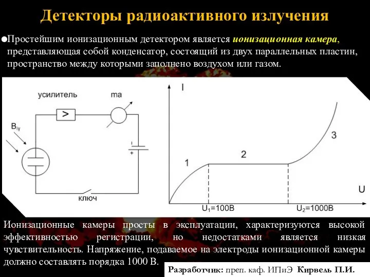 Детекторы радиоактивного излучения Простейшим ионизационным детектором является ионизационная камера, представляющая собой