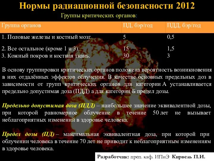 Нормы радиационной безопасности 2012 В основу группировки критических органов положена вероятность