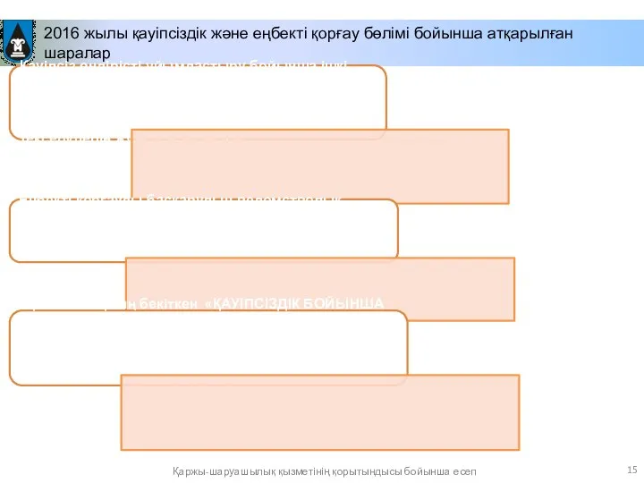 2016 жылы қауіпсіздік және еңбекті қорғау бөлімі бойынша атқарылған шаралар Қаржы-шаруашылық