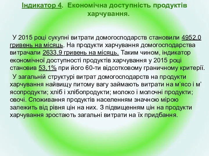 Індикатор 4. Економічна доступність продуктів харчування. У 2015 році сукупні витрати