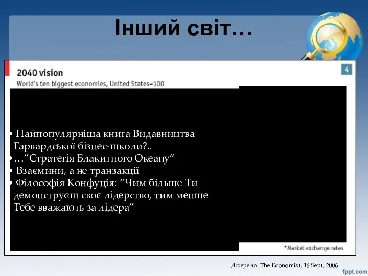 Інший світ… Джерело: The Economist, 16 Sept, 2006 слово “Менеджмент” паранойя