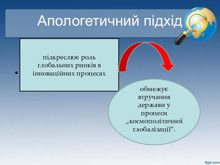 Апологетичний підхід , підкреслює роль глобальних ринків в інноваційних процесах обмежує