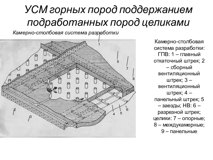 УСМ горных пород поддержанием подработанных пород целиками Камерно-столбовая система разработки Камерно-столбовая