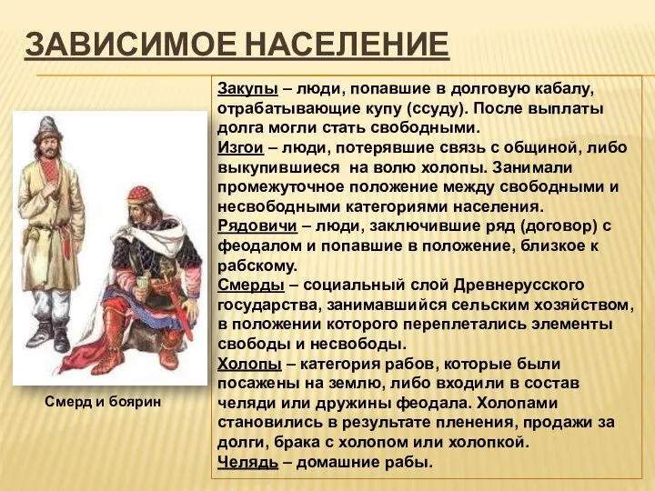 ЗАВИСИМОЕ НАСЕЛЕНИЕ Закупы – люди, попавшие в долговую кабалу, отрабатывающие купу