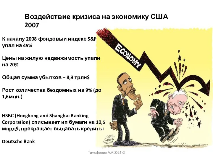 Воздействие кризиса на экономику США 2007 К началу 2008 фондовый индекс