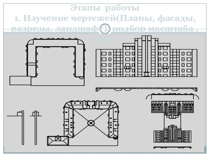 Этапы работы 1. Изучение чертежей(Планы, фасады, разрезы, ландшафт), подбор масштаба , макета.