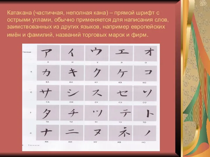 Катакана (частичная, неполная кана) – прямой шрифт с острыми углами, обычно