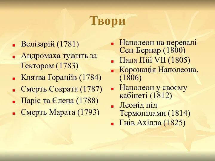 Твори Велізарій (1781) Андромаха тужить за Гектором (1783) Клятва Гораціїв (1784)