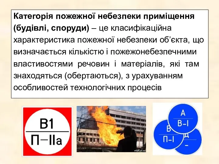 Категорія пожежної небезпеки приміщення (будівлі, споруди) – це класифікаційна характеристика пожежної