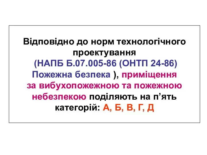 Відповідно до норм технологічного проектування (НАПБ Б.07.005-86 (ОНТП 24-86) Пожежна безпека