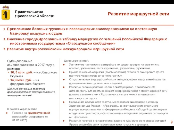 Развитие маршрутной сети 1. Привлечение базовых грузовых и пассажирских авиаперевозчиков на