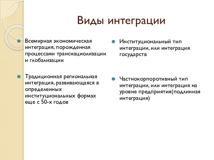 Виды интеграции Всемирная экономическая интеграция, порожденная процессами транснациолизации и глобализации Традиционная