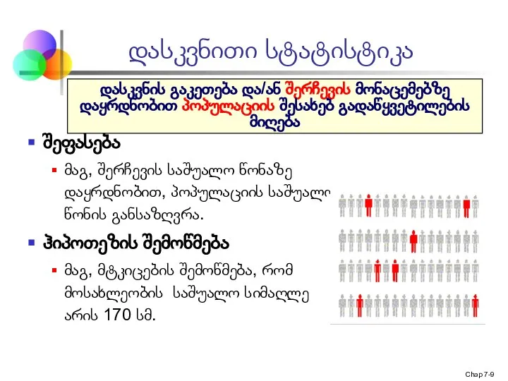 Chap 7- დასკვნითი სტატისტიკა შეფასება მაგ, შერჩევის საშუალო წონაზე დაყრდნობით, პოპულაციის