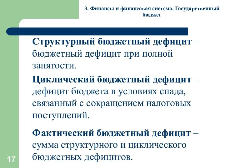 3. Финансы и финансовая система. Государственный бюджет Структурный бюджетный дефицит –