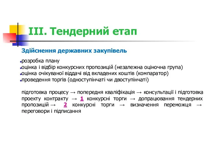 ІІІ. Тендерний етап Здійснення державних закупівель розробка плану оцінка і відбір