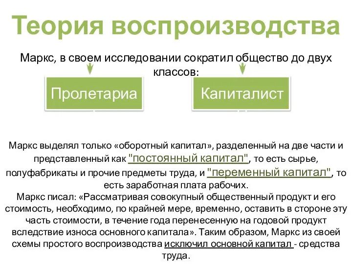 Теория воспроизводства Маркс, в своем исследовании сократил общество до двух классов: