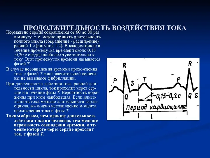 ПРОДОЛЖИТЕЛЬНОСТЬ ВОЗДЕЙСТВИЯ ТОКА Нормально сердце сокращается от 60 до 80 раз