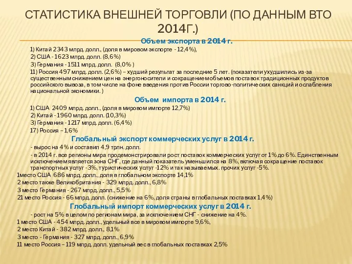 СТАТИСТИКА ВНЕШНЕЙ ТОРГОВЛИ (ПО ДАННЫМ ВТО 2014Г.) Объем экспорта в 2014