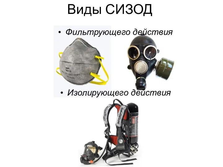 Виды СИЗОД Фильтрующего действия Изолирующего действия