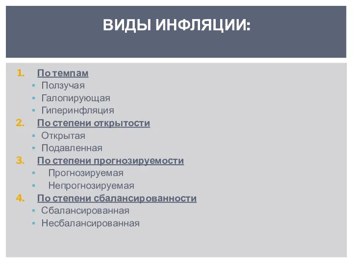 По темпам Ползучая Галопирующая Гиперинфляция По степени открытости Открытая Подавленная По