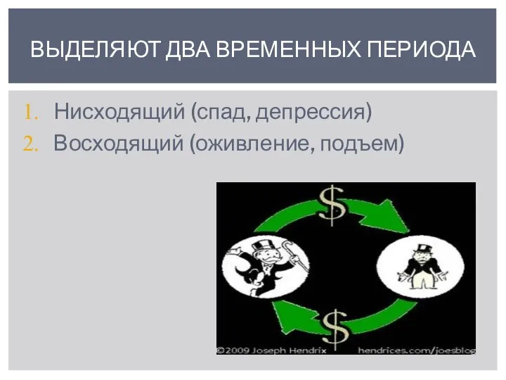 ВЫДЕЛЯЮТ ДВА ВРЕМЕННЫХ ПЕРИОДА Нисходящий (спад, депрессия) Восходящий (оживление, подъем)