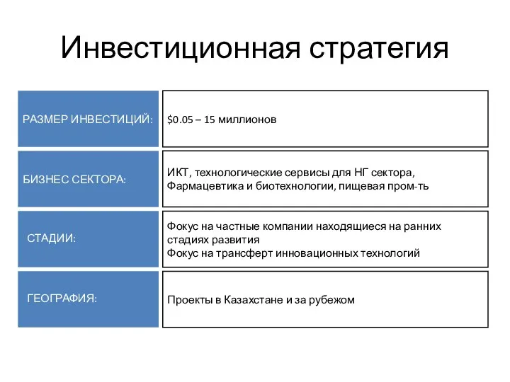 Инвестиционная стратегия РАЗМЕР ИНВЕСТИЦИЙ: БИЗНЕС СЕКТОРА: СТАДИИ: ГЕОГРАФИЯ: ИКТ, технологические сервисы