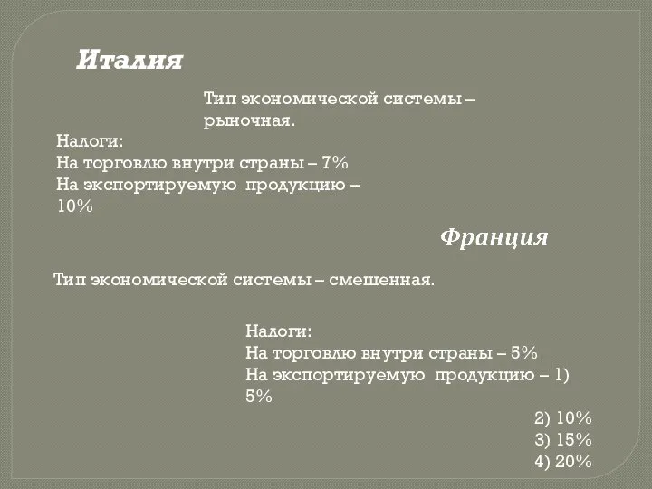 Италия Налоги: На торговлю внутри страны – 7% На экспортируемую продукцию