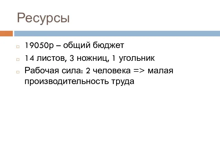 Ресурсы 19050р – общий бюджет 14 листов, 3 ножниц, 1 угольник