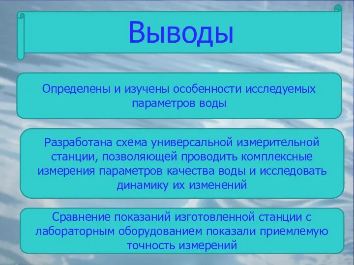 Выводы Определены и изучены особенности исследуемых параметров воды Разработана схема универсальной