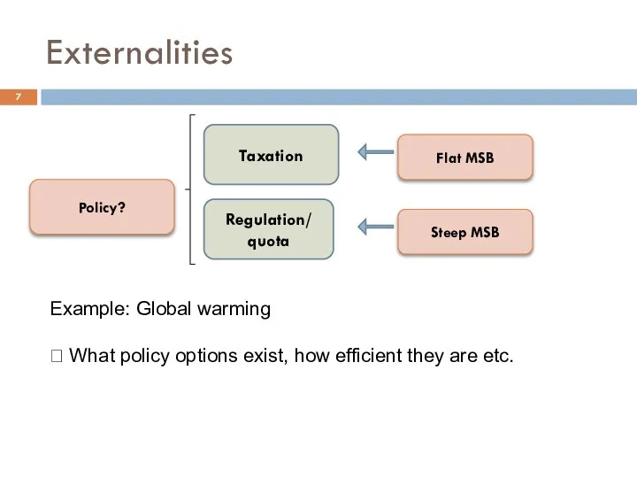 Externalities Policy? Taxation Regulation/ quota Steep MSB Flat MSB Example: Global