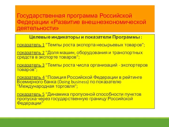 Государственная программа Российской Федерации «Развитие внешнеэкономической деятельности» Целевые индикаторы и показатели