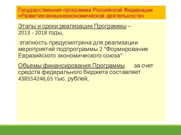 Государственная программа Российской Федерации «Развитие внешнеэкономической деятельности» Этапы и сроки реализации