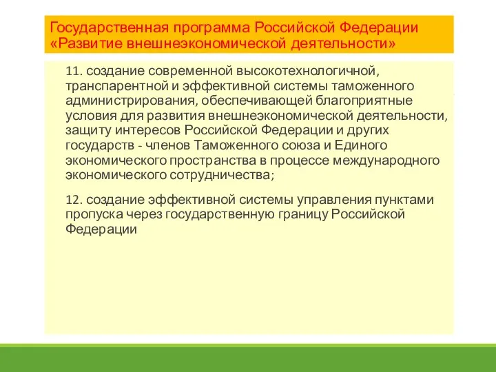 Государственная программа Российской Федерации «Развитие внешнеэкономической деятельности» 11. создание современной высокотехнологичной,