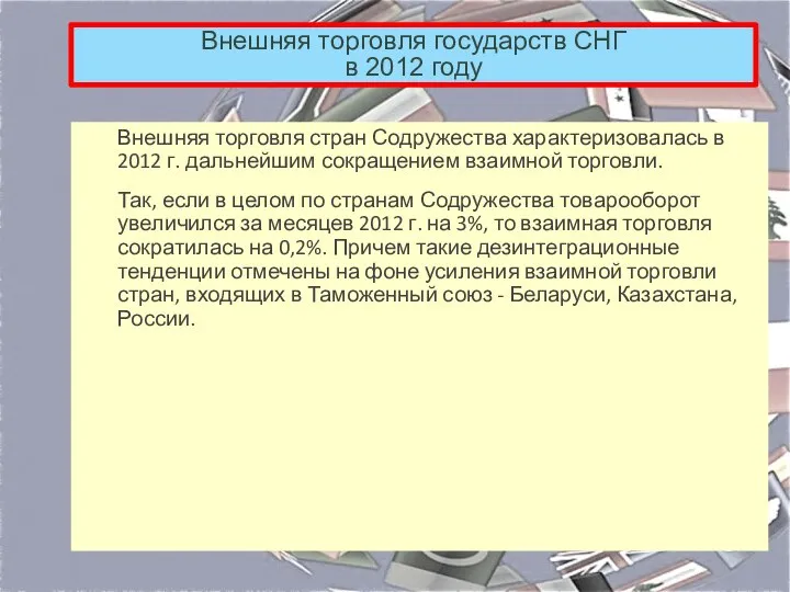 Внешняя торговля государств СНГ в 2012 году Внешняя торговля стран Содружества